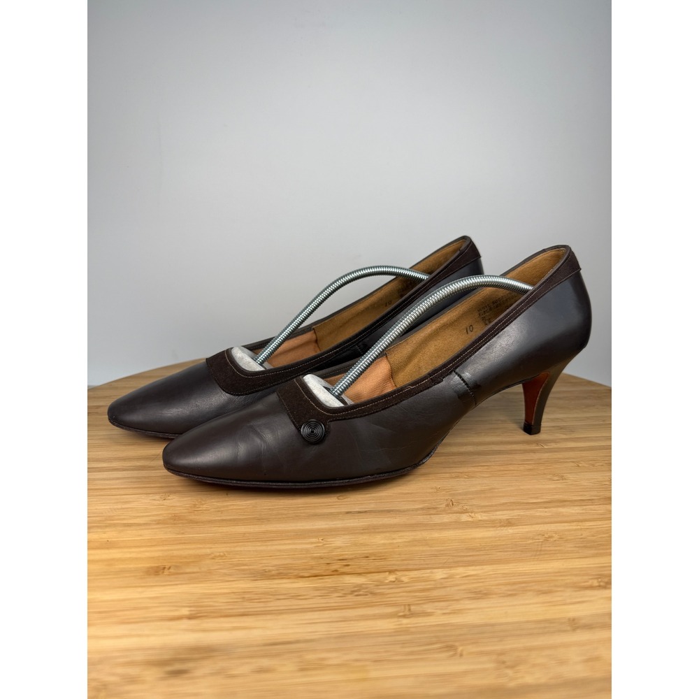 Life‎ Stride Sz 10 Vintage 80s Brown Leather Suede Trim Button Pointy Toe Pumps